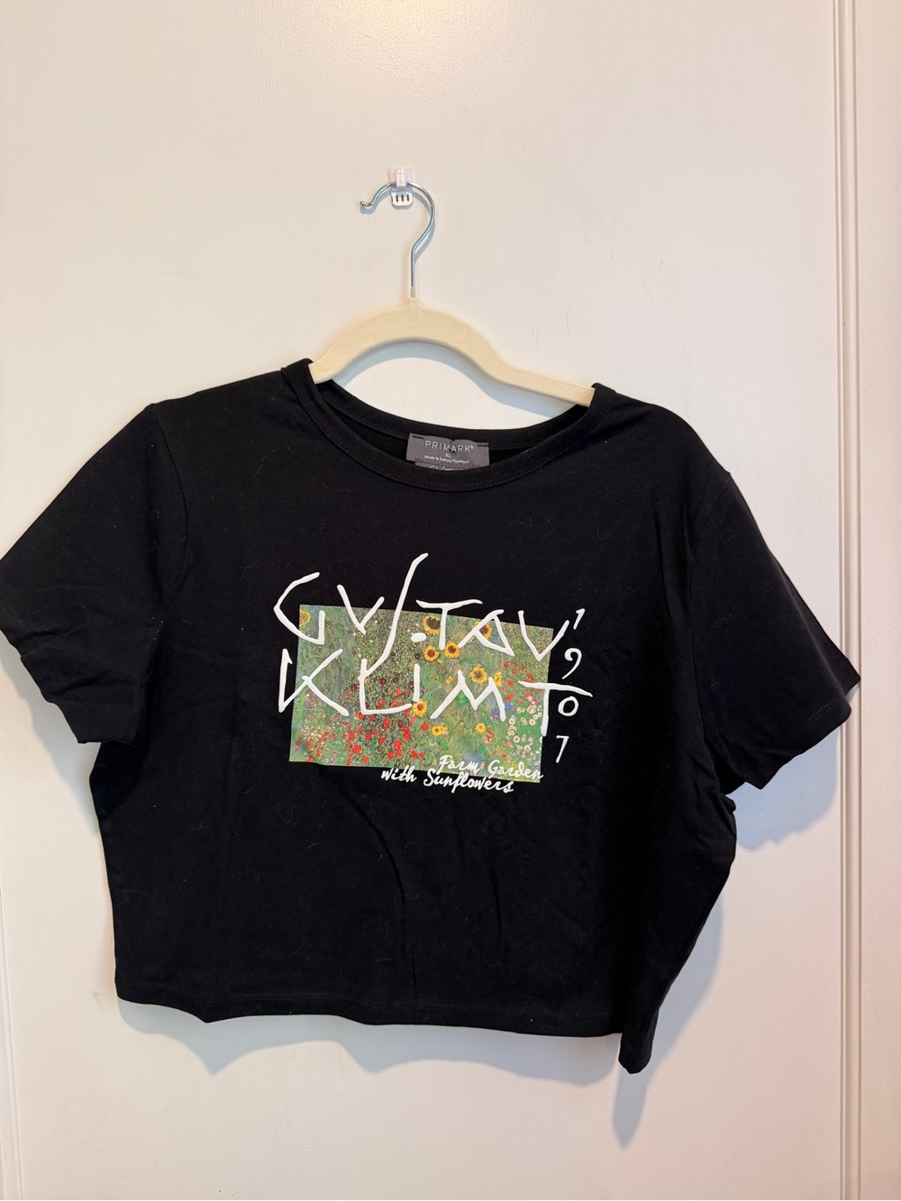 Primark Black Crop Tee with Floral Panel and White Script